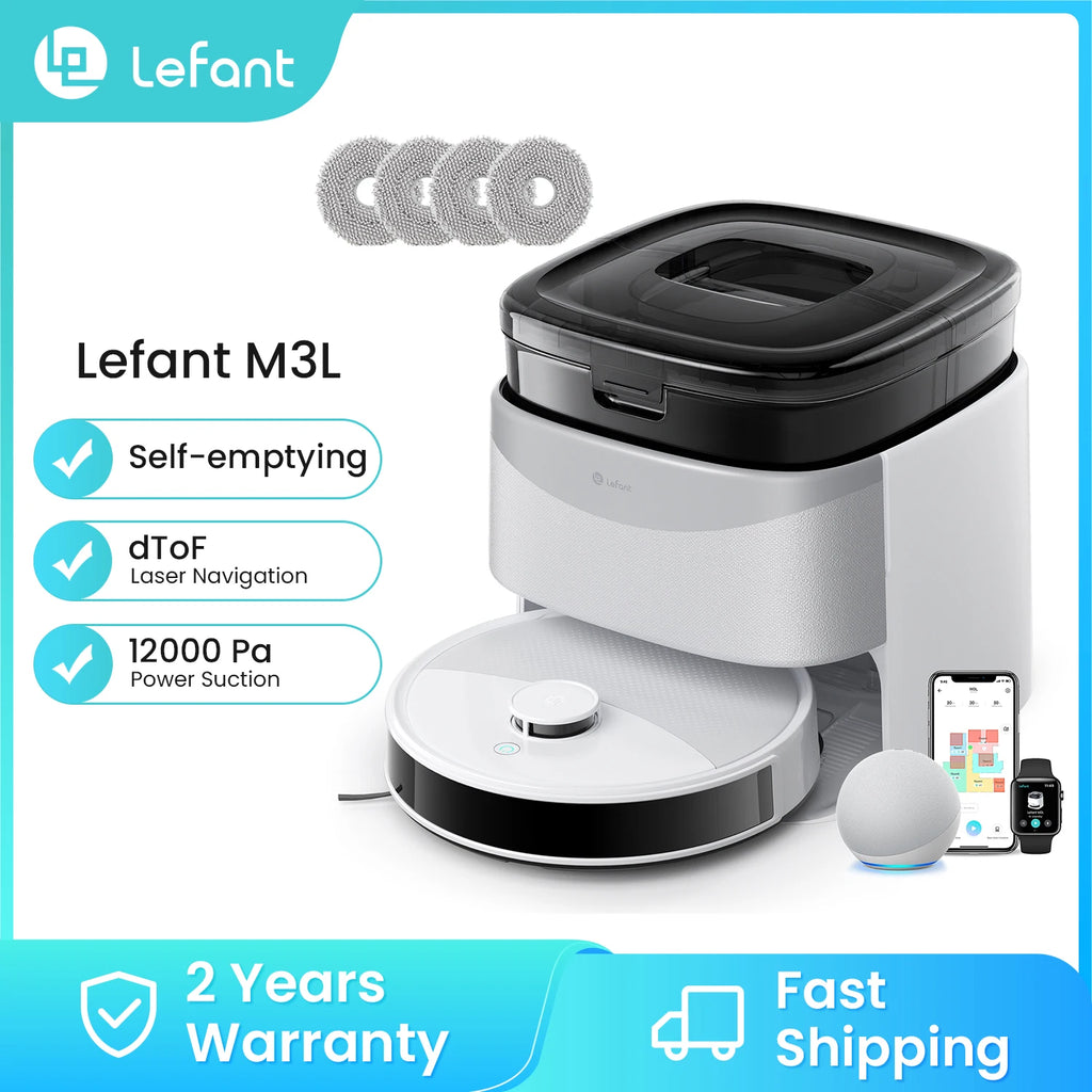 Lefant Robot Dust vacuum cleaner M3L Wipe Vacuum Drying Wipers Automatic Cleaning Dust, 12000 Pa Suction Power DToF Navigation