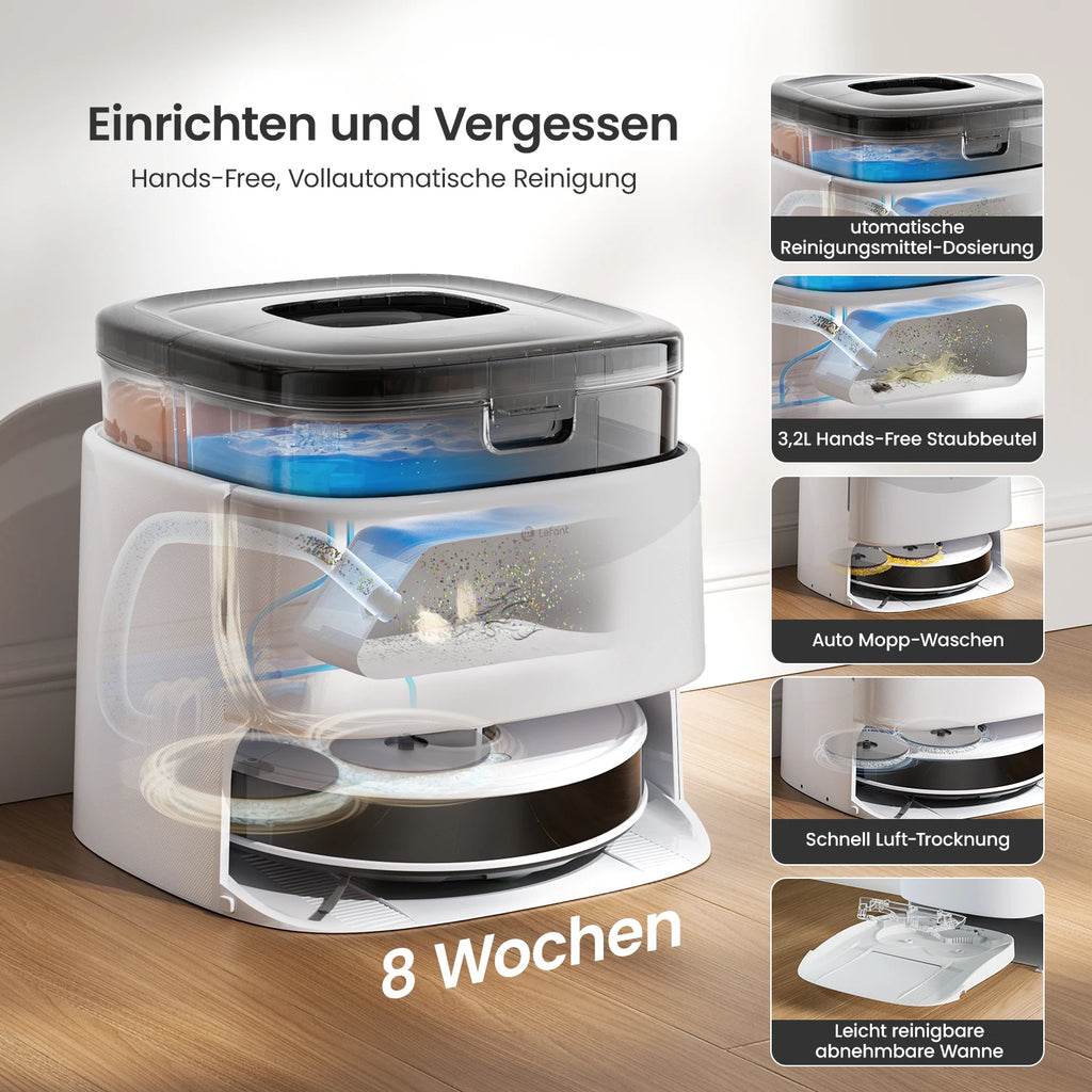 Lefant Robot Dust vacuum cleaner M3L Wipe Vacuum Drying Wipers Automatic Cleaning Dust, 12000 Pa Suction Power DToF Navigation